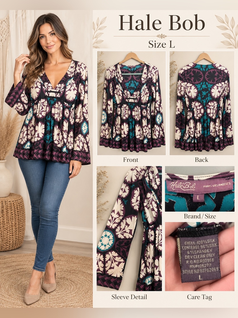 Hale Bob Vintage Y2K Silk Stretch Jersey Boho Empire Waist Tunic Blouse